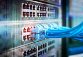 Multiple light blue Ethernet cables plugged into a machine.
