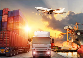 Trucks and shipping containers, an airplane, and a ship meant to represent the different methods of global shipping.