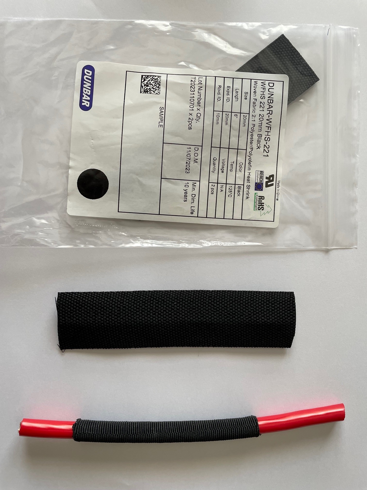 Sample of Black Version of Dunbar ArmorFlex WFHS-221 Woven Fabric Heat Shrink Tubing