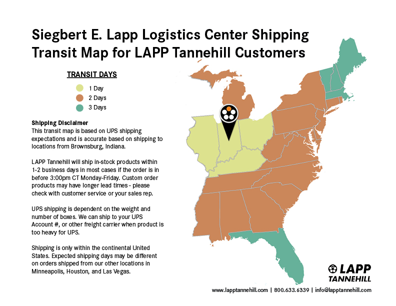 LAPP Logistics Center Shipping Transit Map for LAPP Tannehill Customers