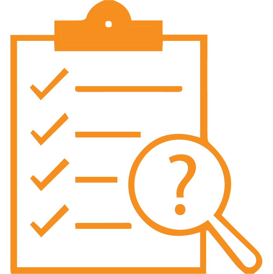 Evaluation Icon Clipboard icon with checkmarks on it and a magnifying glass to the side.