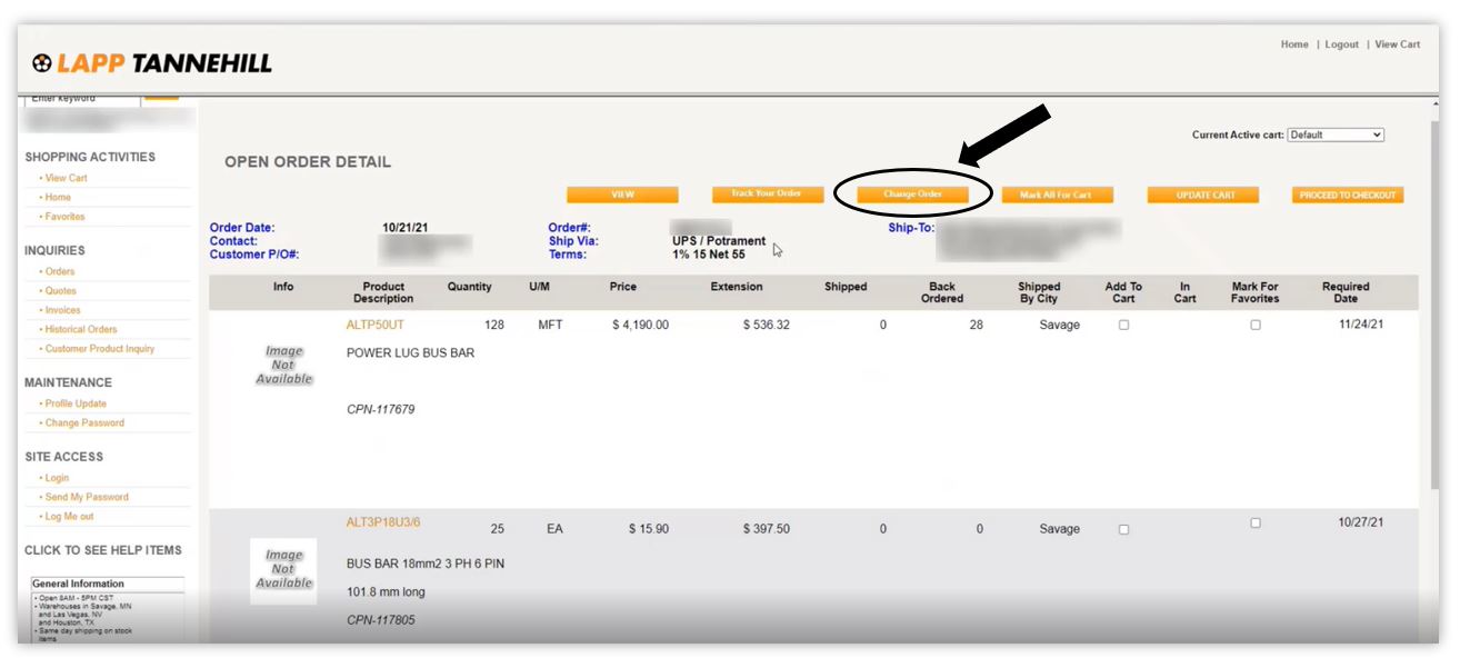 Screenshot of Customer Portal on where to view the 'Change Order' button.