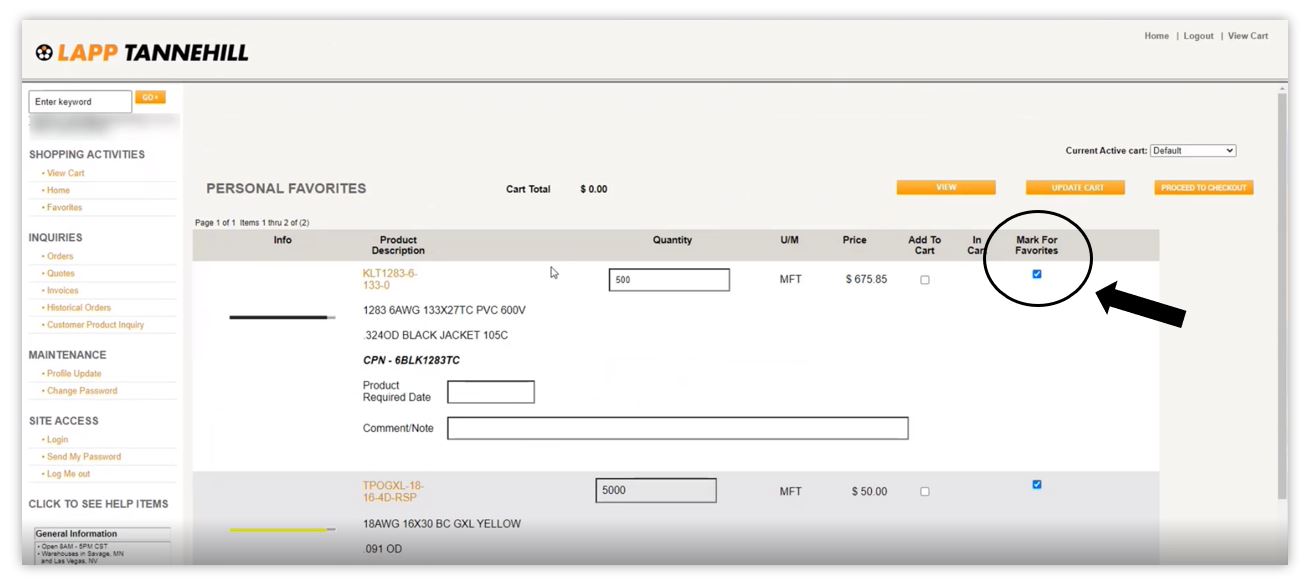 Screenshot of Customer Portal on where to find the 'Mark for Favorites' checkbox.